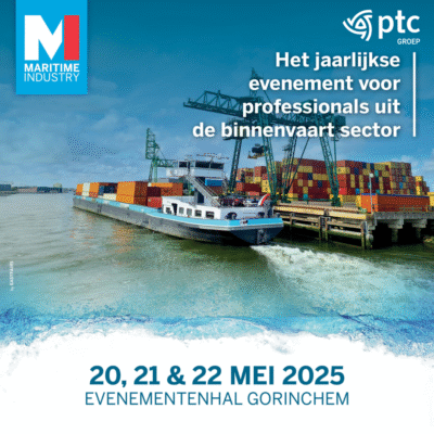 Afbeelding waarin staat dat Maritime Industry op 20, 21 & 22 mei plaatsvindt in de evenementenhal Gorinchem, met afbeelding van schip op de achtergrond.